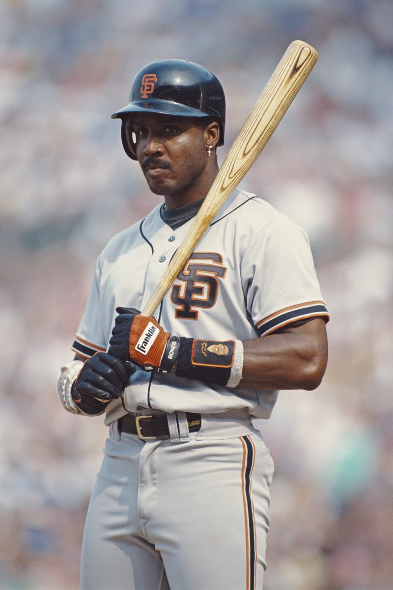 Barry Bonds #25 of the San Francisco Giants stands on deck during the Major League Baseball National League East game against the Chicago Cubs on 13 August 1993 at  Wrigley Field, Chicago, United States. Cubs won 12-10.  (Photo by Jonathan Daniel/Allsport/Getty Images)