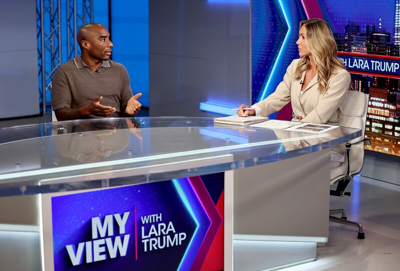 NEW YORK, NEW YORK - JULY 31: Charlamagne Tha God and host Lara Trump during an interview on "My View With Lara Trump" at Fox News Studios on July 31, 2025 in New York City. (Photo by Jamie McCarthy/Getty Images)