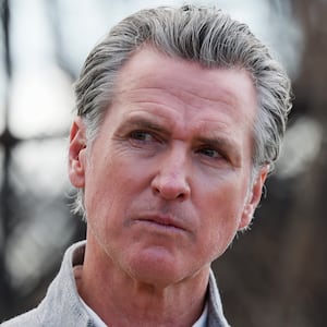 Altadena, CA - February 11: Governor Gavin Newsom attends a press conference at Odyssey Charter School as work begins to remove debris from the Eaton Fire in Altadena, CA. (Juliana Yamada / Los Angeles Times via Getty Images)