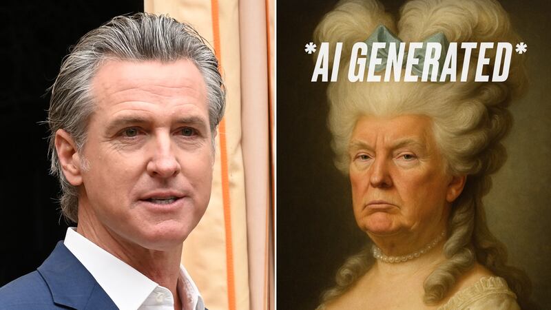 Gavin Newsom and an AI Generated image of Donald Trump as Marie Antoinette