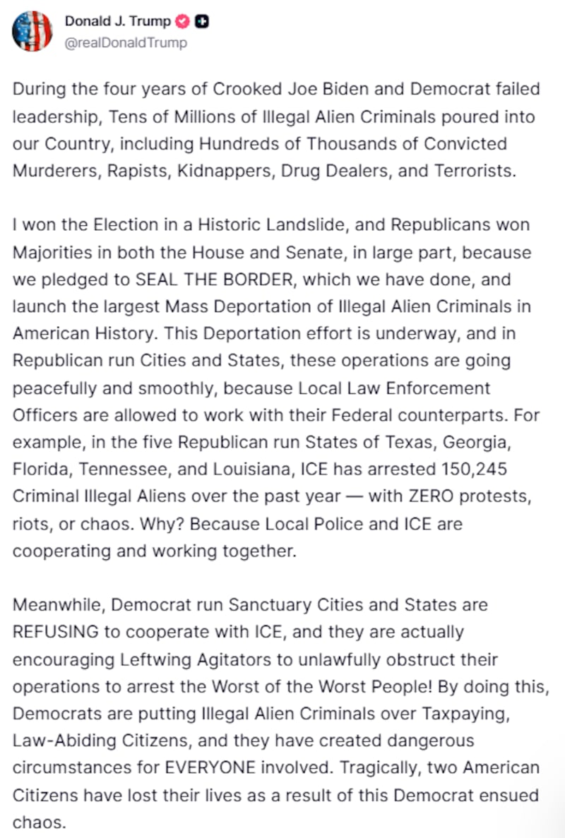 Trump Truth Social post 1/25