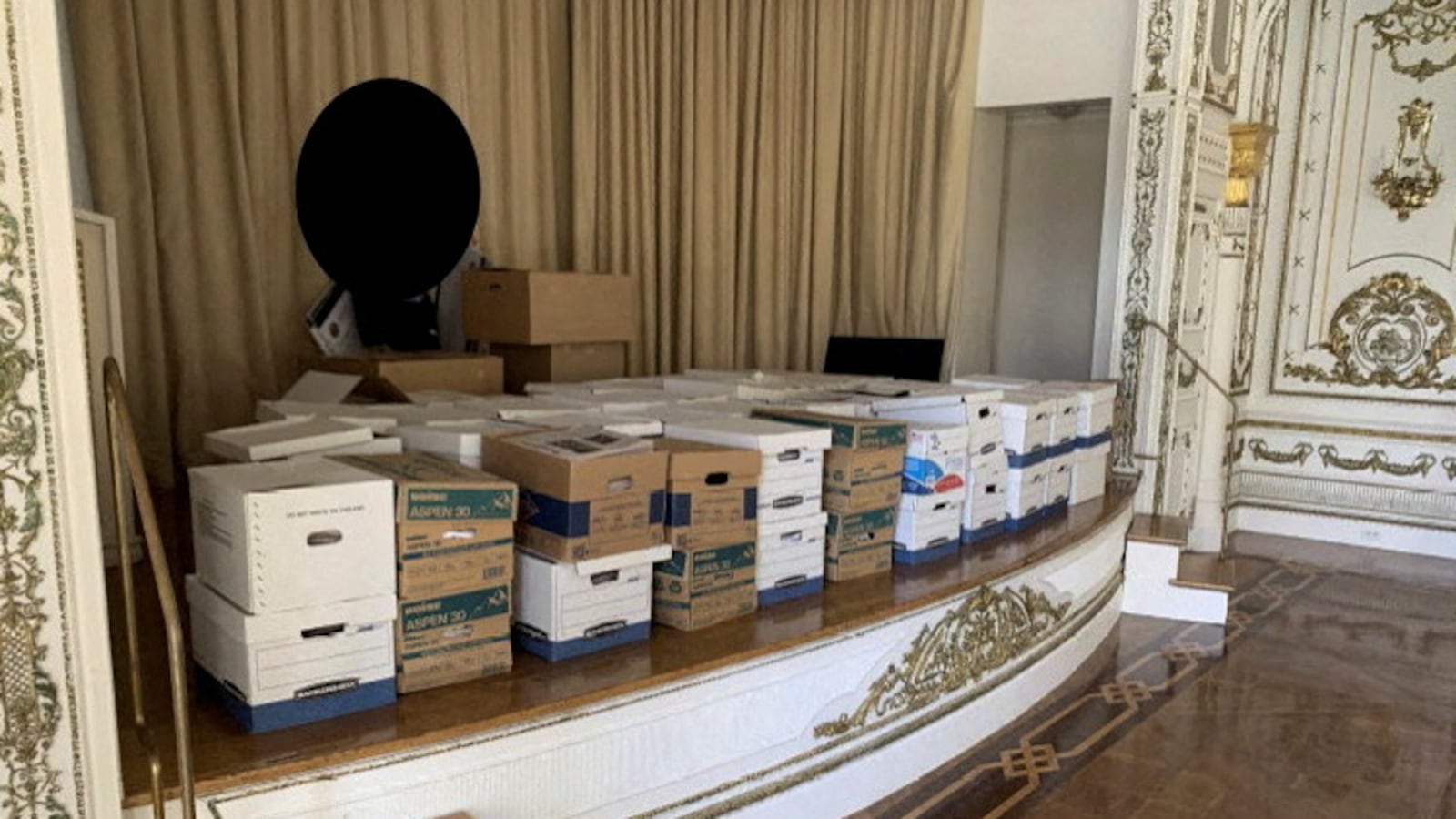 A photo published by the U.S. Justice Department in their charging document against former U.S. President Donald Trump shows what the Justice Department says are boxes of documents stored at Trump's Mar-a-Lago club in Florida