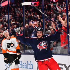 Johnny Gaudreau celebrates after scoring a goal against the Philadelphia Flyers at Nationwide Arena on Nov. 10, 2022.