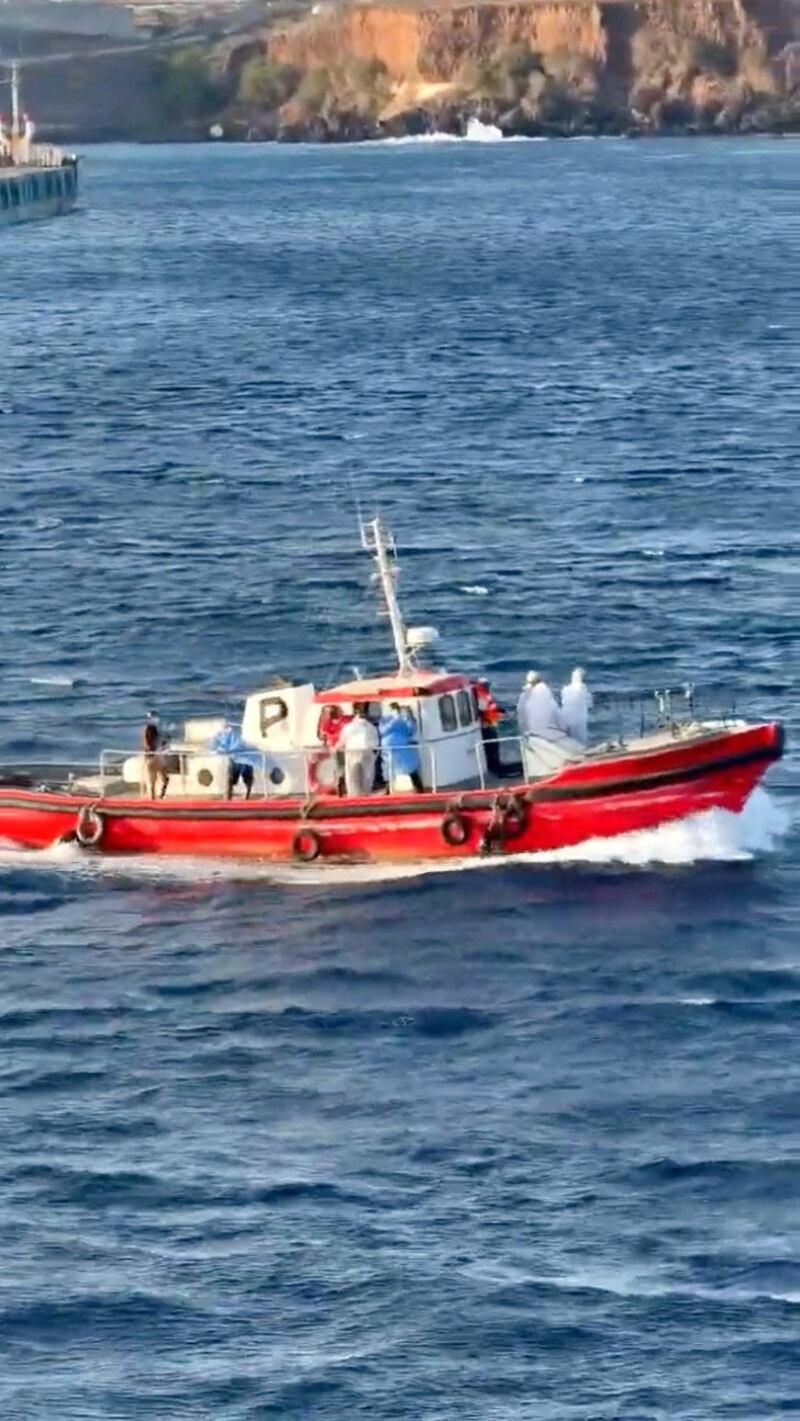 A medical boat sails, after an outbreak of the deadly hantavirus on board the cruise ship MV Hondius, at sea, in this still image from a social media video released May 5, 2026.