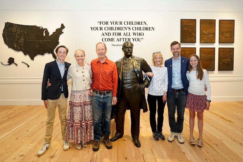 MEDORA, NORTH DAKOTA - JULY 02: (L-R) Teddy Roosevelt VI, Serena Roosevelt, Teddy Roosevelt IV, Connie Roosevelt, Ted Roosevelt V and Claire Roosevelt attend the Inaugural Events Of The Theodore Roosevelt Presidential Library on July 02, 2026 in Medora, North Dakota. (Photo by Leigh Vogel/Getty Images for Theodore Roosevelt Presidential Library)