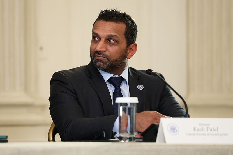 Federal Bureau of Investigation Director Kash Patel looks on during a roundtable discussion in the State Dining Room of the White House on October 08, 2025 in Washington, DC.
