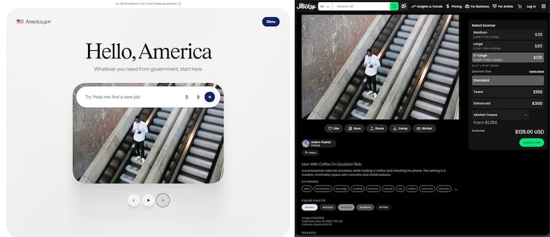 Side by side comparison of a screenshot from America.gov and the Stocksy stock image site where the photograph was found