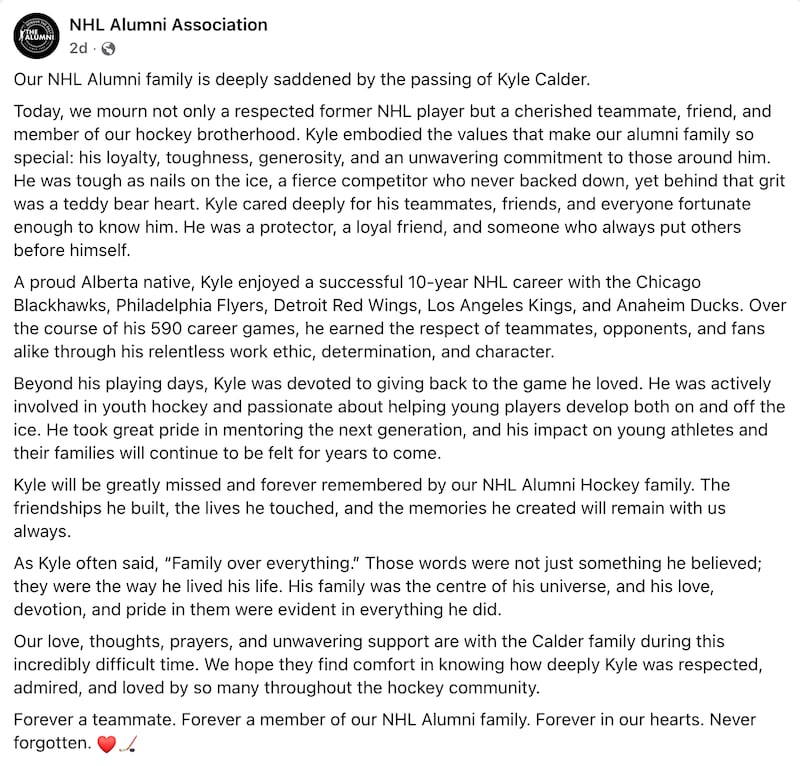 Facebook post shared by the NHL Alumni Association honoring Kyle Calder.
