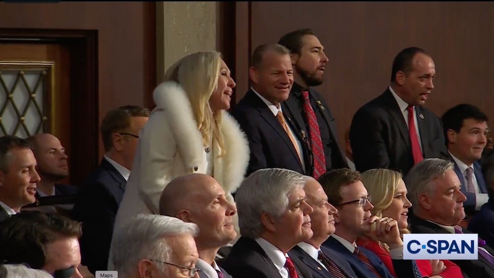 Rep. Marjorie Taylor Greene yells during the 2023 State of the Union speech.
