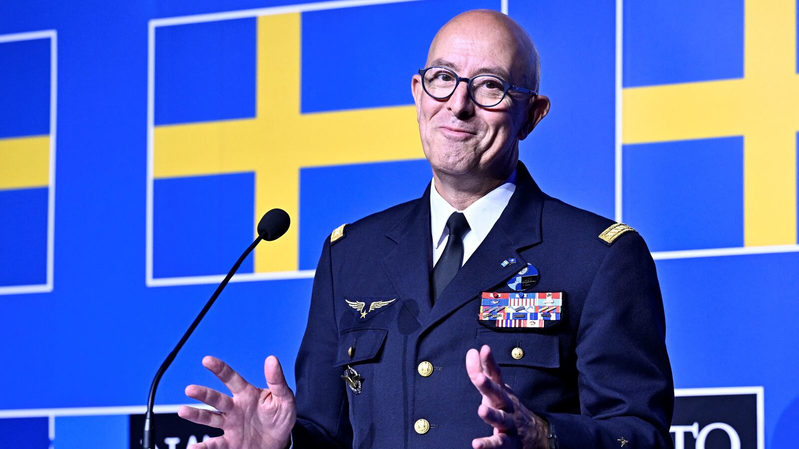 NATO's Supreme Allied Commander Transformation, General Philippe Lavigne addresses the press in Stockholm, Sweden