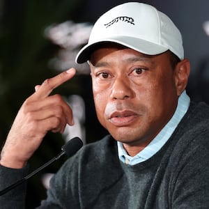 Feb 17, 2026; Pacific Palisades, CA, USA;  Genesis Invitational tournament host Tiger Woods speaks to the media during a press conference at Riviera Country Club. Mandatory Credit: Kiyoshi Mio-Imagn Images