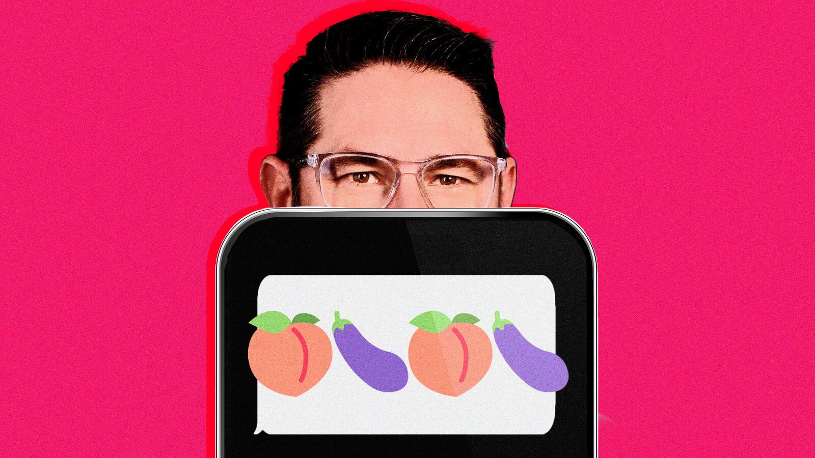 A photo illustration showing Dusty Deever’s eyes peaking over an Iphone text message with peach emojis and eggplant emojis.