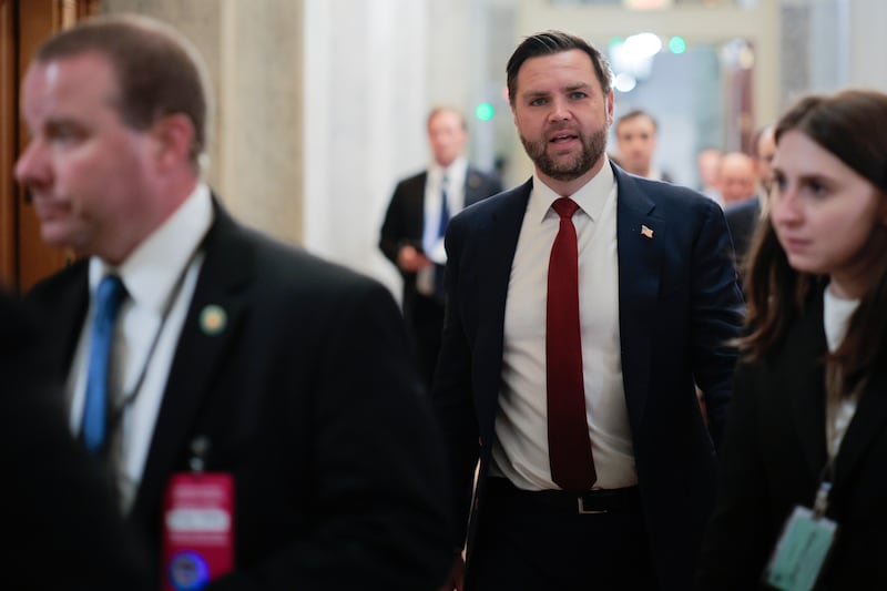 U.S. Vice President JD Vance arrives at the U.S. Capitol before casting a tie-breaking vote to block a Venezuela war powers resolution on January 14, 2026 in Washington, DC.