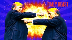 A photo illustration of two Donald Trumps pointing at each other with an explosion in the background.
