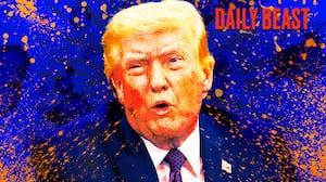 A photo illustration of Donald Trump with messy splatters around him for The Daily Beast podcast.