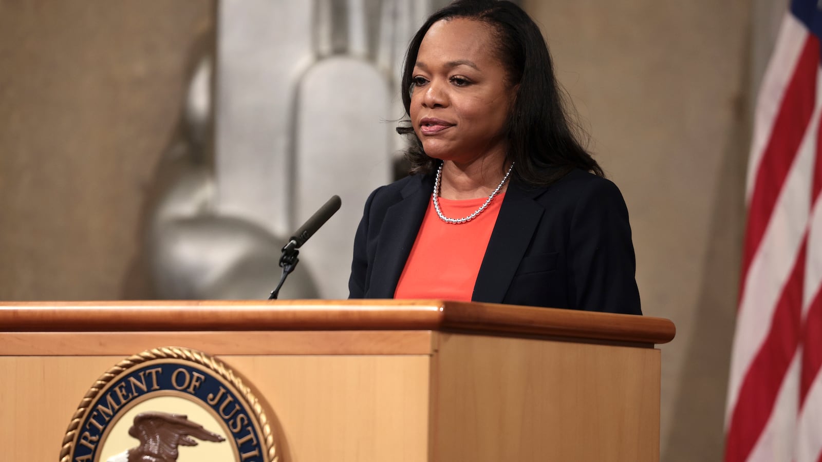 Assistant Attorney General for the Civil Rights Division Kristen Clarke speaks during an event at the Department of Justice on October 22, 2021 in Washington, DC.