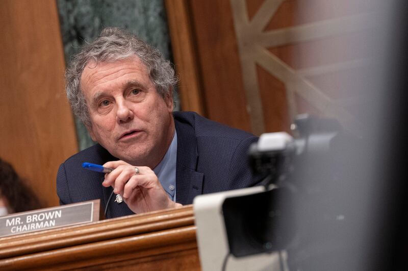 Sen. Sherrod Brown participates in a Senate Banking Committee hearing on February 17, 2022 in Washington, D.C.