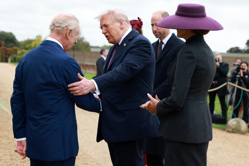 Britain's King Charles III and Britain's Queen Camilla greet US President Donald Trump and First Lady Melania Trump,