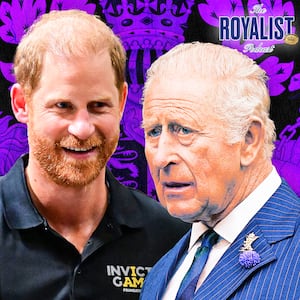 A photo illustration illo of Prince Harry and King Charles for The Royalist podcast.