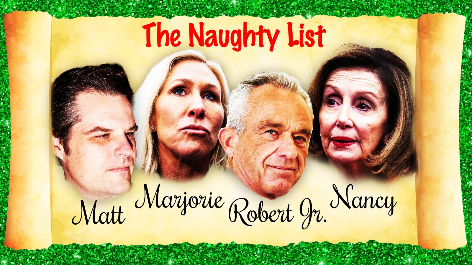 Matt Gaetz, Marjorie Taylor Green, Robert F. Kennedy Jr, Nancy Pelosi illustration