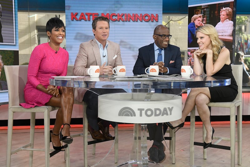 TODAY -- Pictured: (l-r) Anchors Tamron Hall, Billy Bush and Al Roker with Kate McKinnon on Monday, September 26, 2016 -- (Photo by: Peter Kramer/NBC)