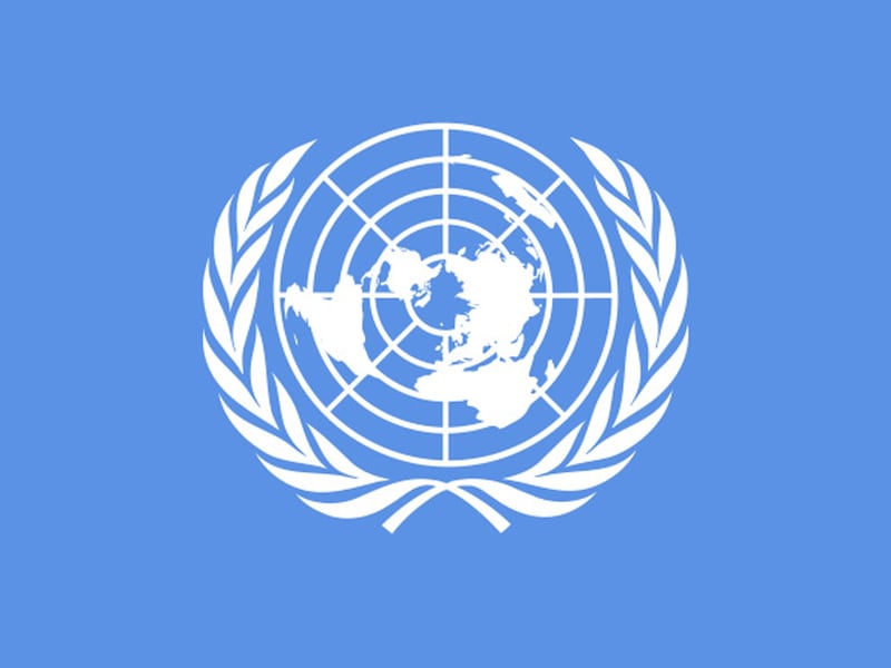 (GERMANY OUT) Flag and Logo of the United Nations UN  (Photo by Probst/ullstein bild via Getty Images)