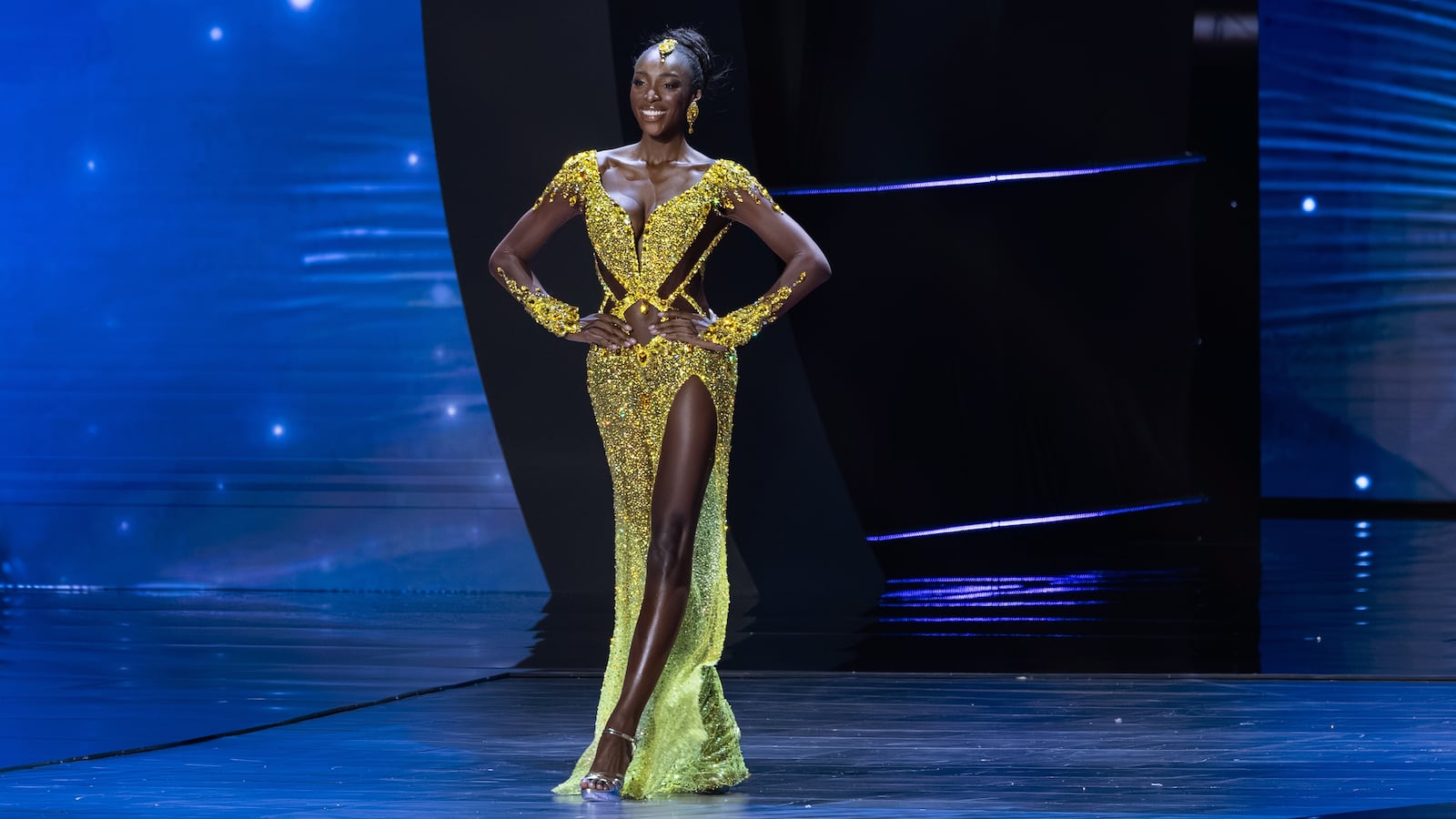 BANGKOK, THAILAND - NOVEMBER 19: Miss Universe Cote d' ivoire, Olivia Yace, showcases her evening gown during the 74th Miss Universe preliminary competition on November 19, 2025 in Bangkok, Thailand.