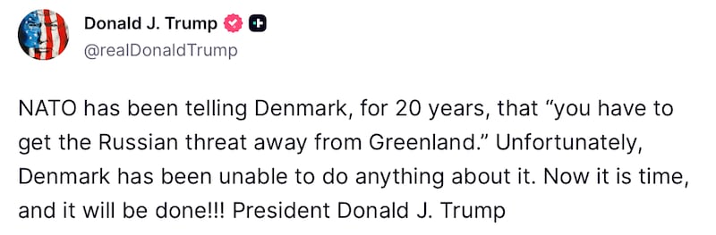 Donald Trump shares his latest threats regarding Greenland on Truth Social.