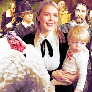 A photo illustration of White House Press Secretary Karoline Leavitt and her son Nicholas "Niko" Robert Riccio, Waddle the turkey, and various paintings of Pilgrims.