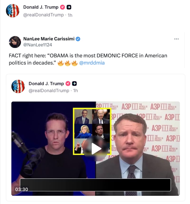 Trump Truth Social post calling Obama a demonic force
