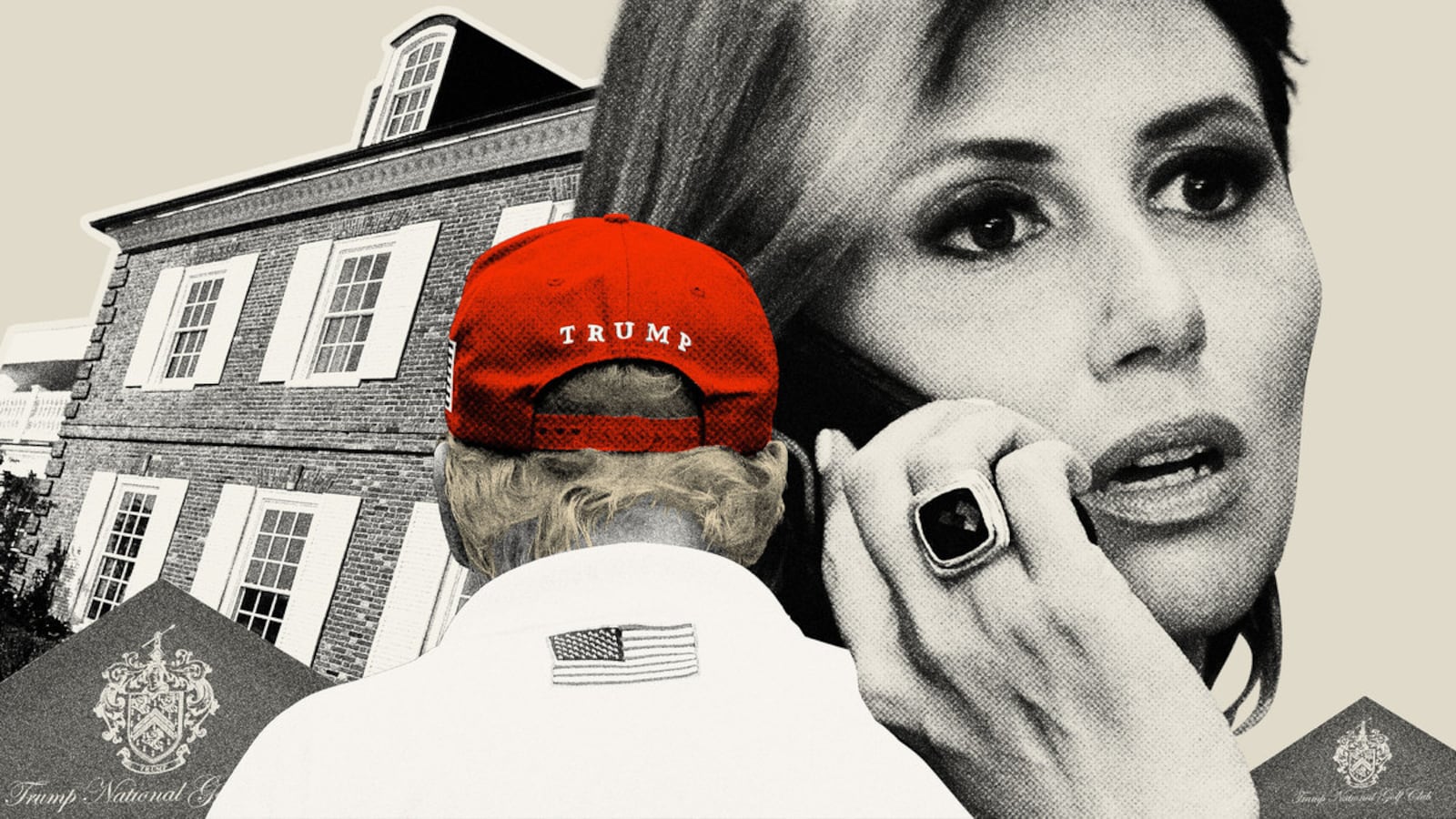Photo illustration of Alina Habba and Donald Trump in front of his gold club, Bedmister
