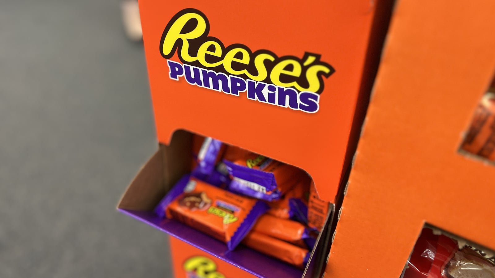 Close-up of a display stand featuring Reese's Pumpkins Halloween candy, Lafayette, California, September 9, 2024. (Photo by Smith Collection/Gado/Getty Images)