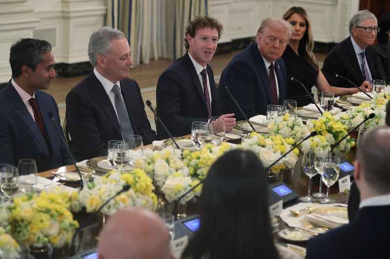 Meta CEO Mark Zuckerberg speaks as U.S. President Donald Trump and first lady Melania Trump listen during a dinner at the State Dining Room of the White House on Sept. 4, 2025, in Washington, DC.