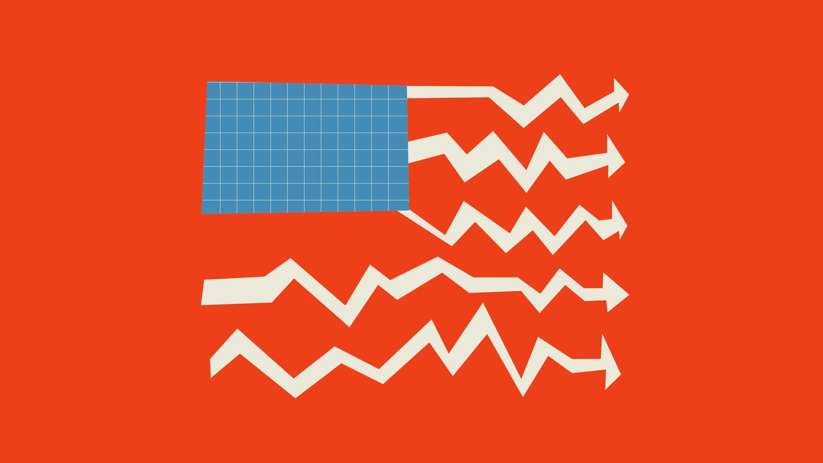 Illustration of a modified American flag with a blue graph paper grid and white stock arrows as the lines in the flag.