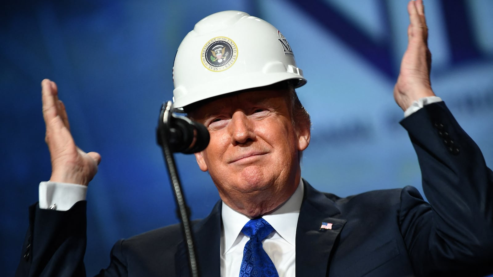 US President Donald Trump addresses the National Electrical Contractors Association Convention at the Pennsylvania Convention Center in Philadelphia, Pennsylvania on October 2, 2018. (Photo by MANDEL NGAN / AFP) (Photo by MANDEL NGAN/AFP via Getty Images)
