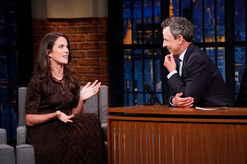 LATE NIGHT WITH SETH MEYERS -- Episode 876 -- Pictured: (l-r) Author Tatiana Schlossberg during an interview with host Seth Meyers on September 3, 2019 -- (Photo by: Lloyd Bishop/NBCU Photo Bank/NBCUniversal via Getty Images via Getty Images)