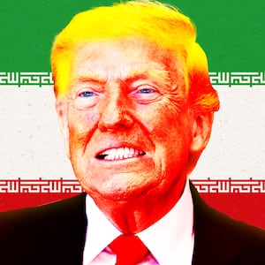 A photo illustration of Trump in front of an Iranian flag.