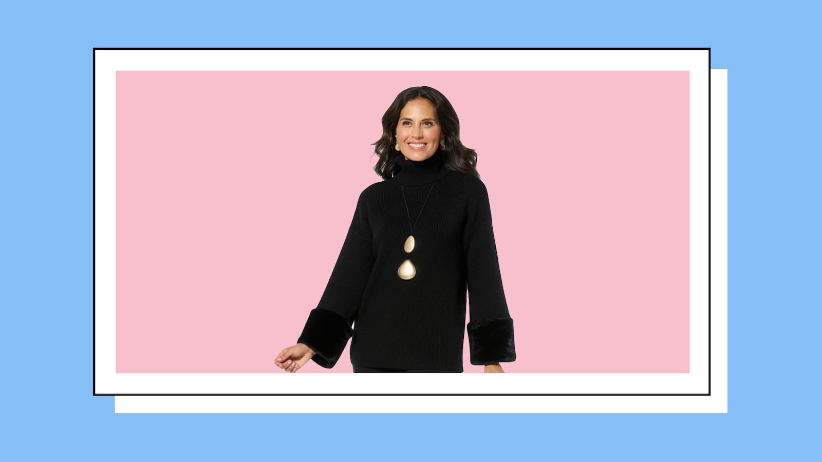 A graphic collage featuring a woman in a black turtleneck sweater with faux fur cuffs against a pastel pink and blue background, styled for modern fall fashion marketing.