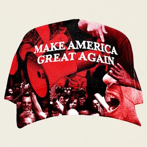 Photo illustrative collage of a MAGA hat made up of photographs of people angry and yelling