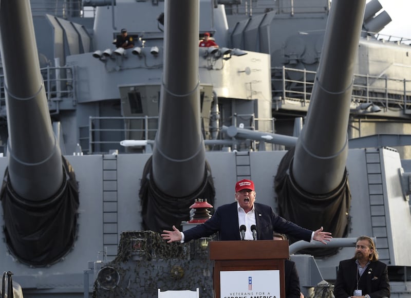 TOPSHOT - Republican presidential candidate Donald Trump gives a national security speech aboard the World War II Battleship USS Iowa, September 15, 2015, in San Pedro, California.   AFP PHOTO /ROBYN BECK (Photo by Robyn BECK / AFP) (Photo by ROBYN BECK/AFP via Getty Images)