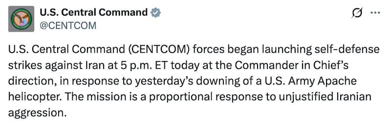 U.S. CENTCOM statement about strikes on Iran