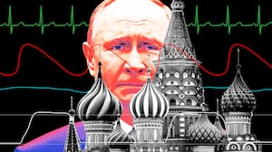 A photo illo illustration of Vladimir Putin, the Kremlin, and vital signs.