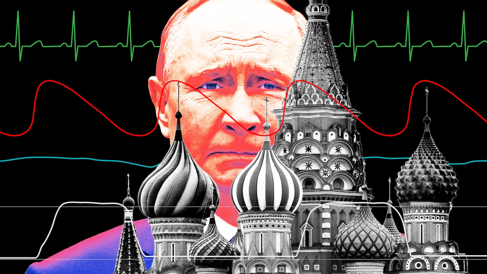 A photo illo illustration of Vladimir Putin, the Kremlin, and vital signs.