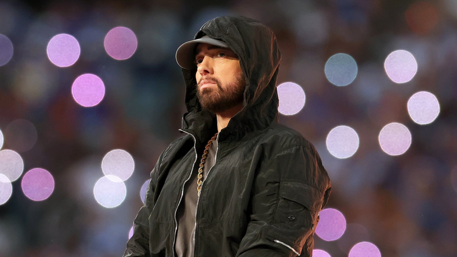 INGLEWOOD, CALIFORNIA - FEBRUARY 13: Eminem performs during the Pepsi Super Bowl LVI Halftime Show at SoFi Stadium on February 13, 2022 in Inglewood, California.