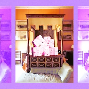 A photo illustration of the inlaid four-poster bed in Plum Sykes' cousin Christopher Simon Sykes’ childhood bedroom at Sledmere House, Yorkshire with gifts on them.