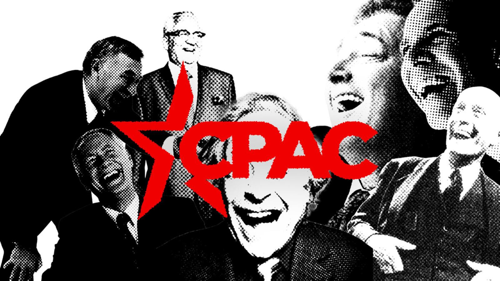 Photo illustration of the CPAC logo on top of distorted photos of men laughing