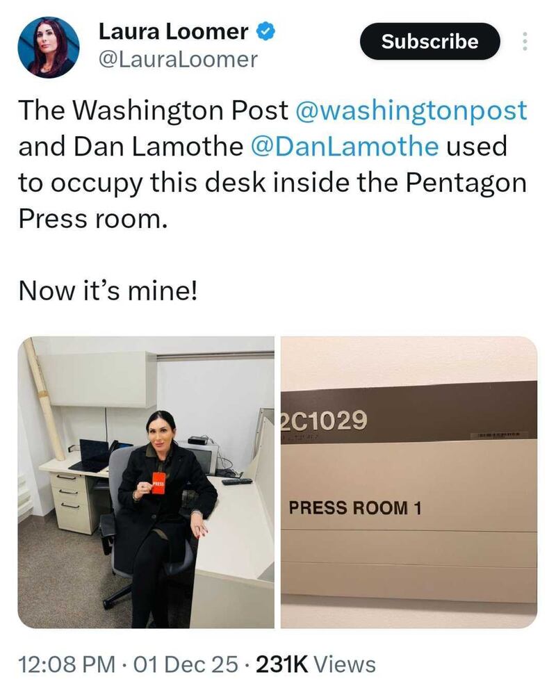 Screenshot of Laurea Loomer's post boasting about getting a new desk.