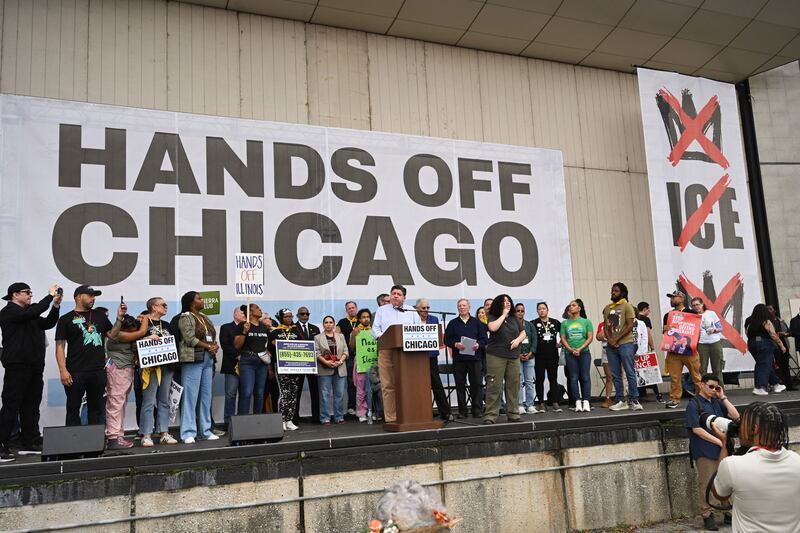 B Pritzker, Governor of Illinois, speaks onstage as people protest as part of the No Kings Rallies