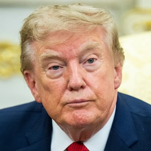 President Donald Trump looks on during a meeting in the Oval Office of the White House in Washington, DC, on August 17, 2026.