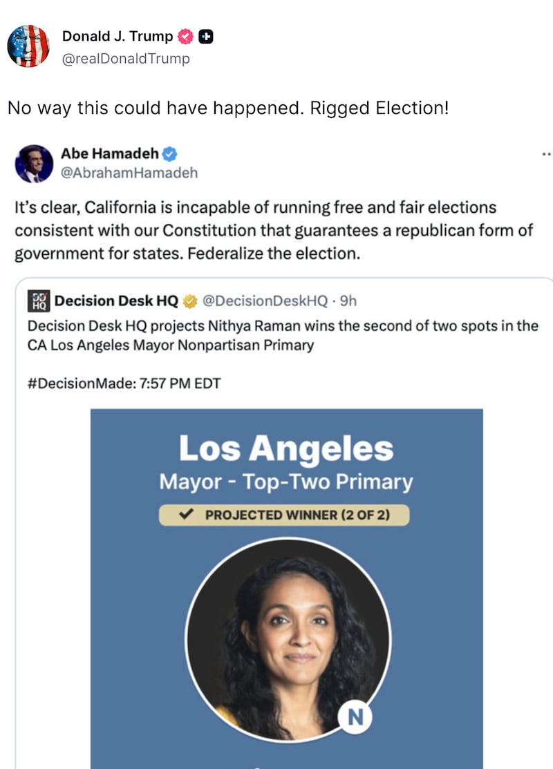Screengrab of Trump's Truth Social post.